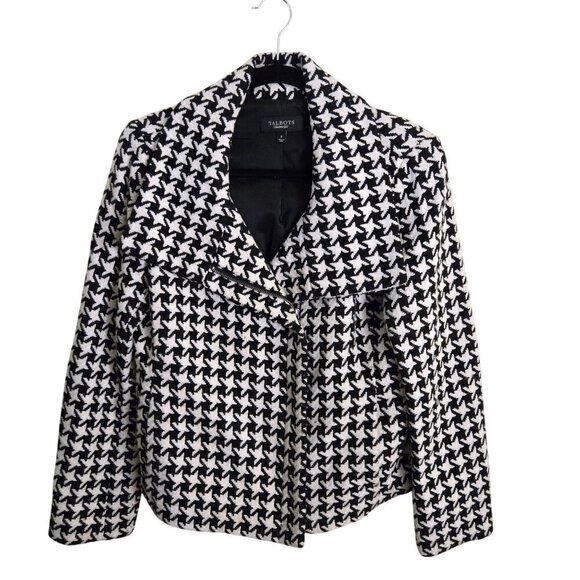 Talbots Black White Wool Blend Houndstooth Moto Style Zip Closure Jacket Size 8 - Picture 2 of 6